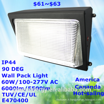 Populaire vente amérique canada marché ip44 60 w 100lm / w haute lumen efficacité tuv ce ul e470400 led wall pack lumière led lumière